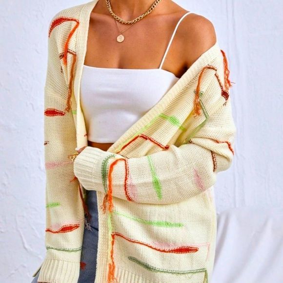 NWT! STRIPED PATTERN FRINGE DROP SHOULDER OPEN FRONT CARDIGAN IN CREAM! - Picture 3 of 12